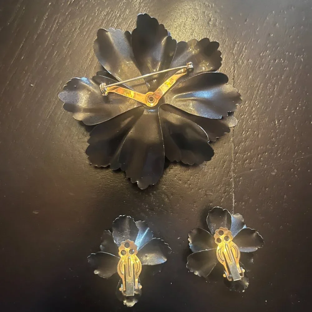 Vintage Black and White Metal Flower Brooch and Clip on Earring Set